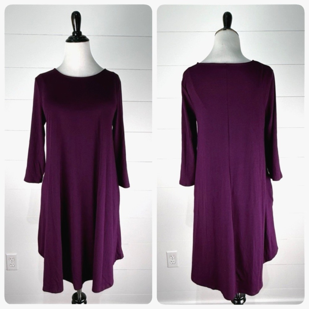 Zenana T Shirt Tunic Dress Women M 8 Purple Scoop 3/4 Length Sleeve Rayon Blend
